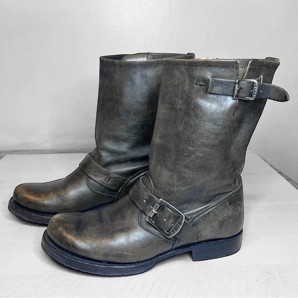 Frye Veronica Short Burnished Antique Gray Slouch Engineer Moto Boots - Picture 3 of 16